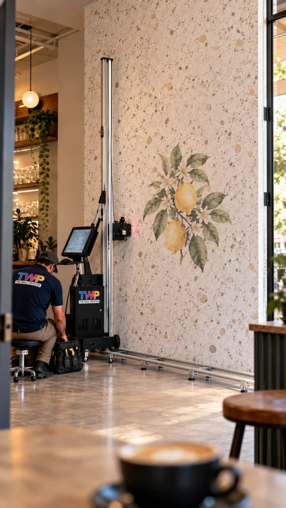 Rendering: Lemon branch printed on a terrazzo wall in a cafe