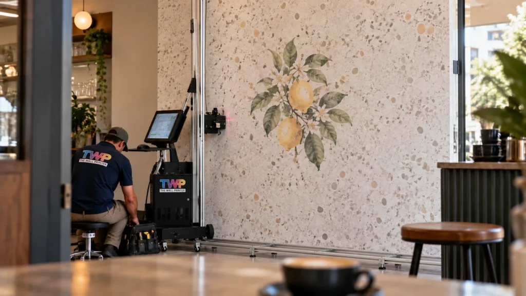 Rendering: Lemon branch printed on a terrazzo wall in a cafe