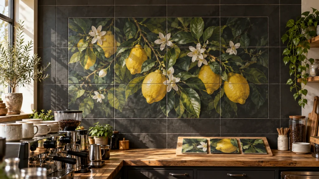 Rendering: lemon branches printed across a dark tile backsplash in a cafe, with matching printed tiles on the counter