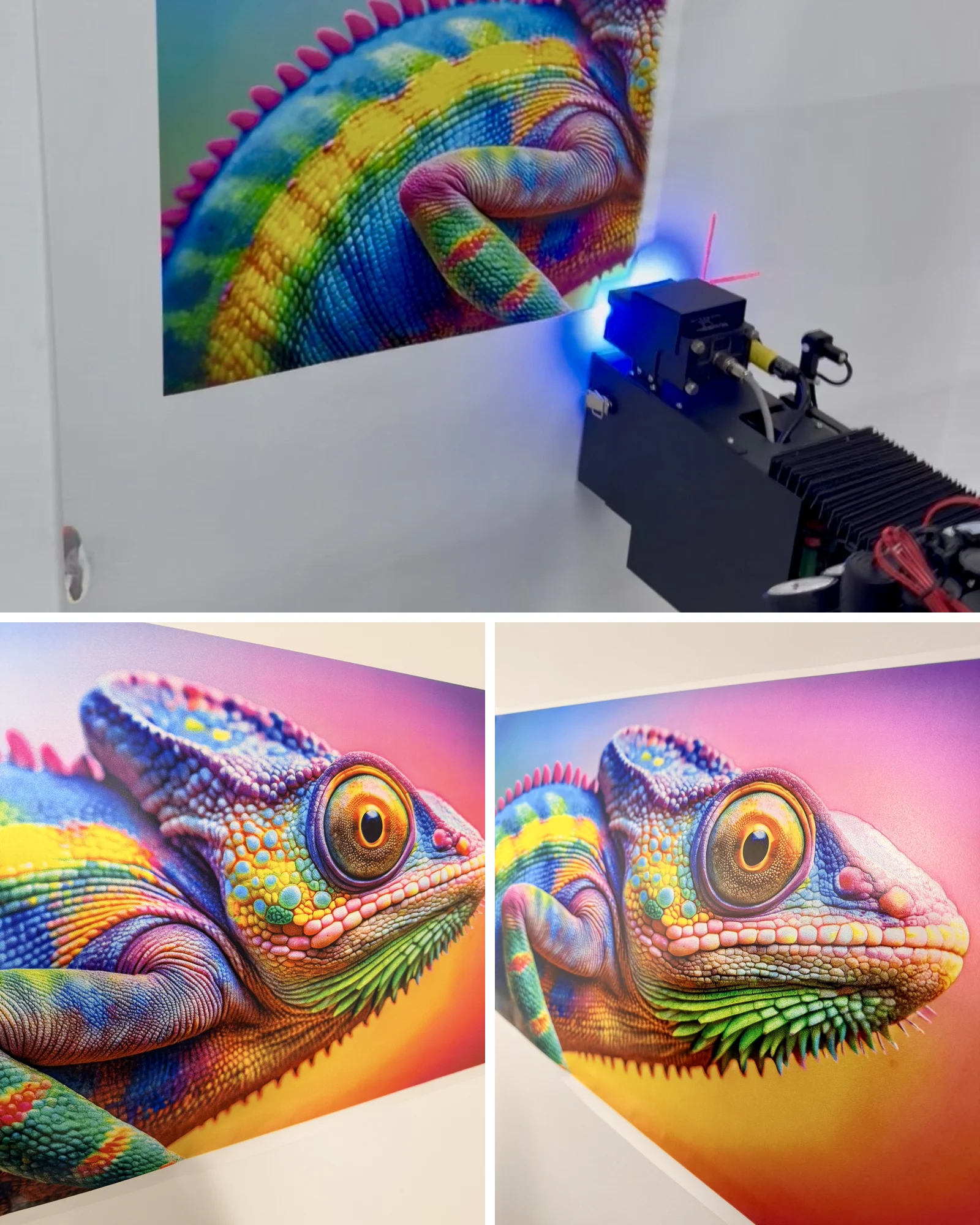 A chameleon printed by The Wall Printer: the printer mid-print on the wall, and two close-ups of the finished detail