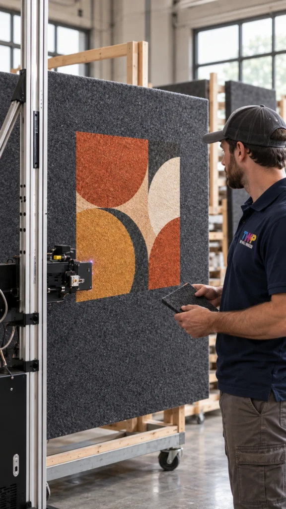 Rendering: Geometric shapes printed on a felt acoustic panel in a shop