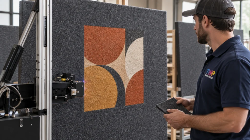 Rendering: Geometric shapes printed on a felt acoustic panel in a shop