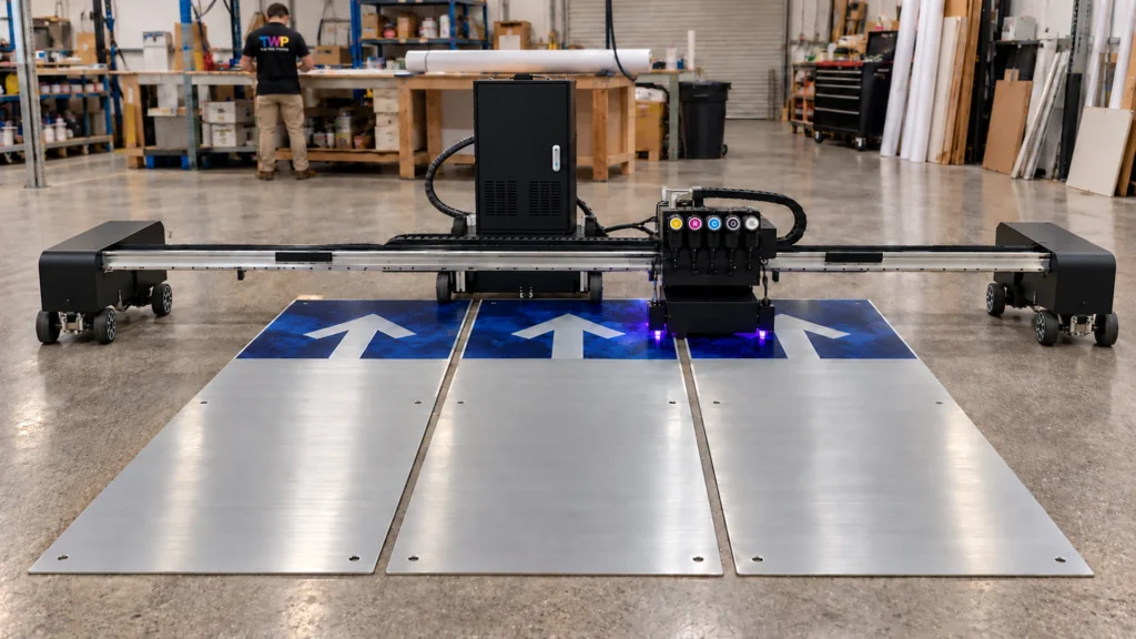 Rendering: a Floor Series printer printing blue arrow graphics on brushed aluminum panels laid flat