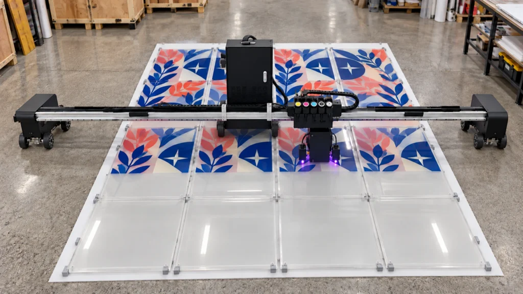 Rendering: a Floor Series printer printing a batch of clear acrylic panels with leaf and star patterns