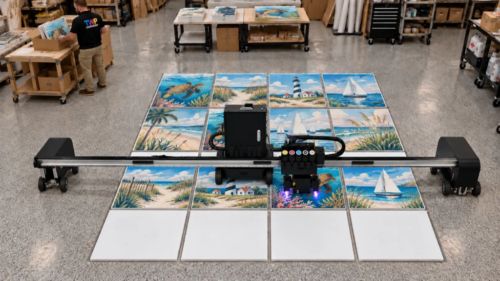 Rendering: a Floor Series printer printing a batch of coastal canvas panels laid flat