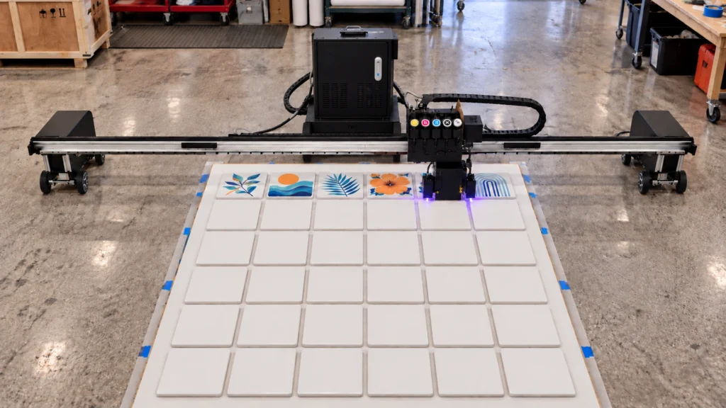 Rendering: a Floor Series printer printing a batch of small ceramic tiles in a jig