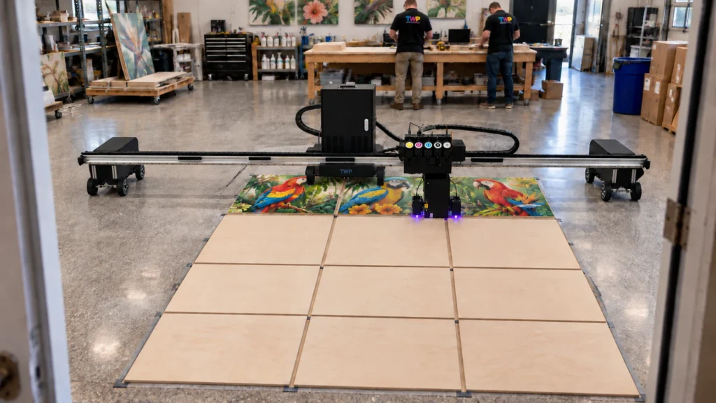 Rendering: a Floor Series printer printing tropical birds across a batch of plywood panels