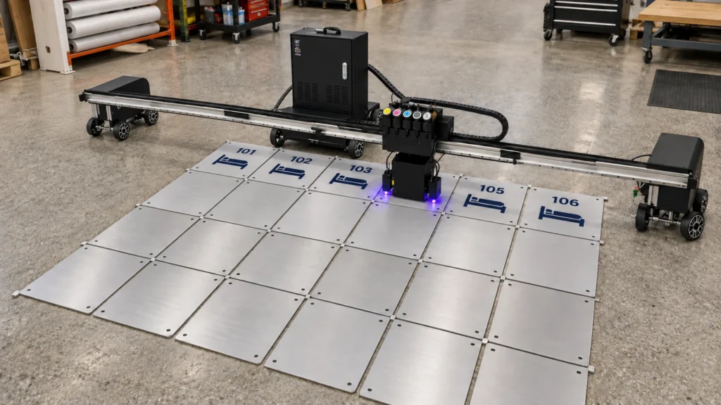 Rendering: a Floor Series printer printing a batch of aluminum room number signs laid flat