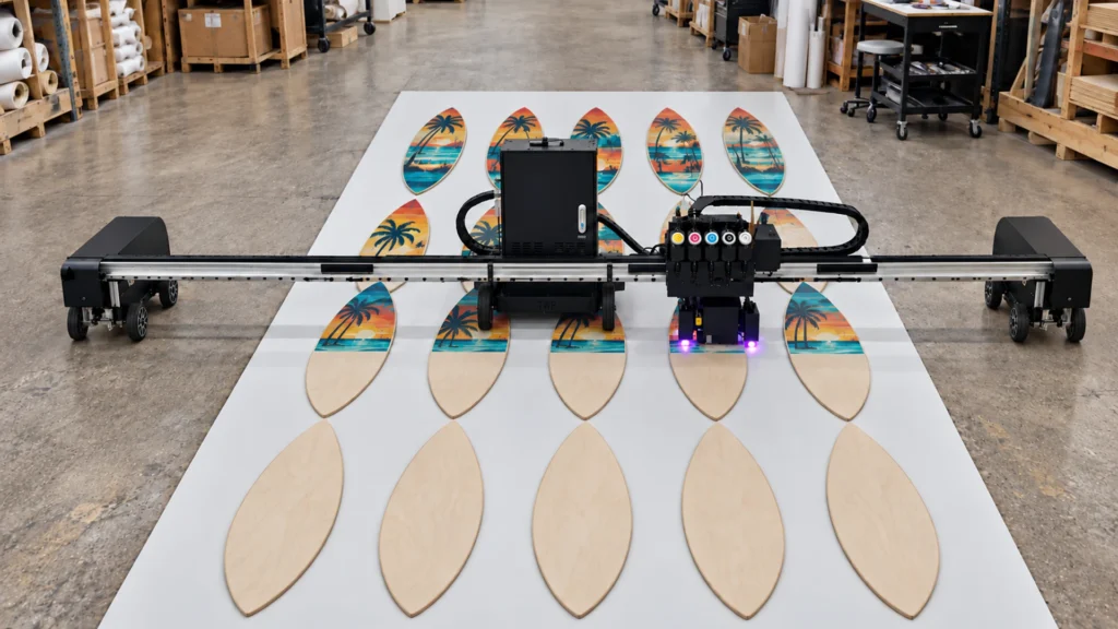 Rendering: a Floor Series printer printing beach designs on a batch of wood skimboard blanks