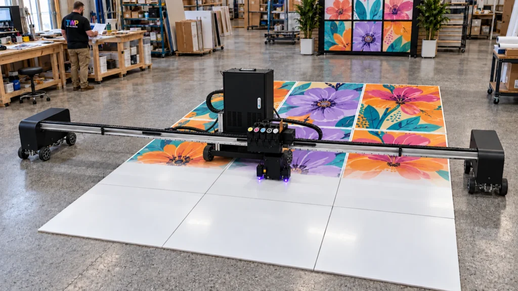 Rendering: a Floor Series printer printing bold flowers across a batch of white panels