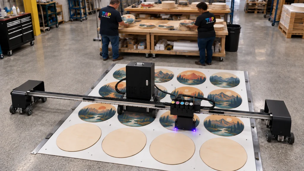 Rendering: a Floor Series printer printing a batch of birch wood rounds with mountain landscapes