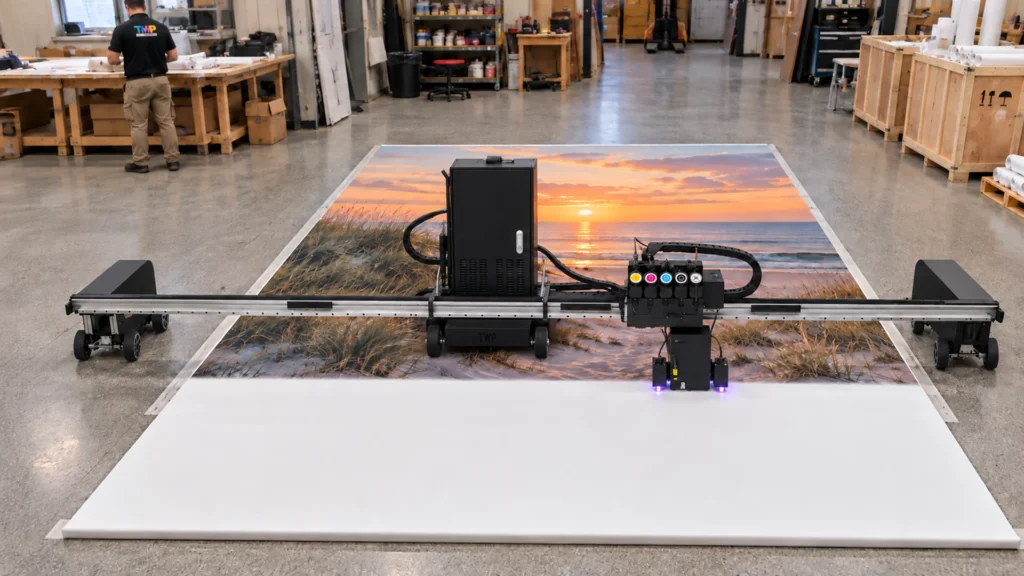 Rendering: a Floor Series printer printing a beach sunset onto a large canvas laid flat in a shop