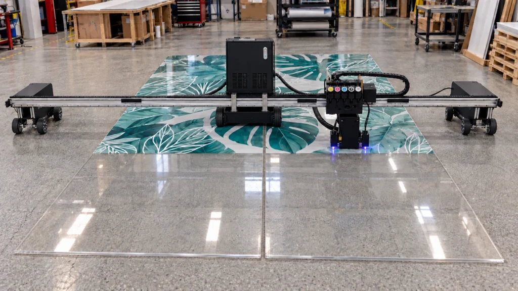 Rendering: a Floor Series printer printing leaves in color and white on clear glass panels laid flat