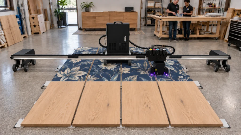 Rendering: a Floor Series printer printing blue florals across oak planks in a woodshop