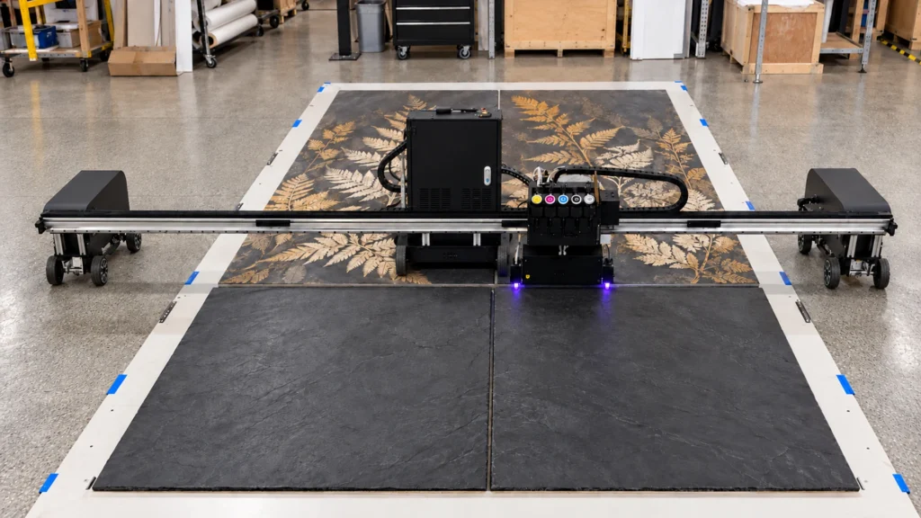 Rendering: a Floor Series printer printing gold ferns onto dark slate panels