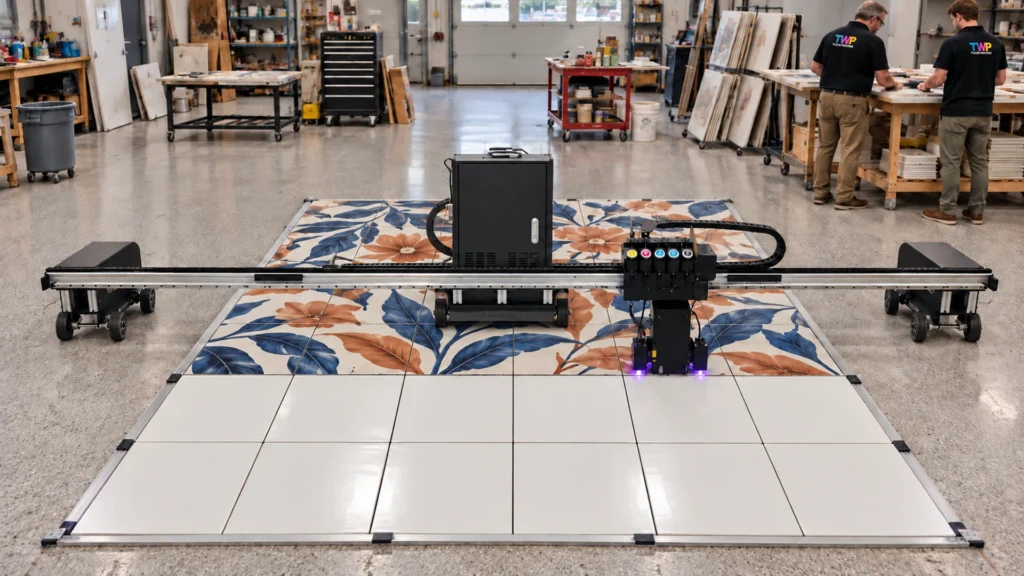 Rendering: a Floor Series printer printing a floral pattern across a grid of ceramic tiles