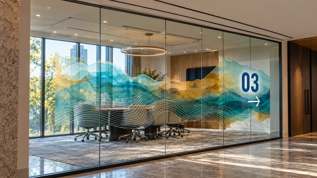 Rendering: flowing mountain waves and a room number printed on a glass conference room wall in an office