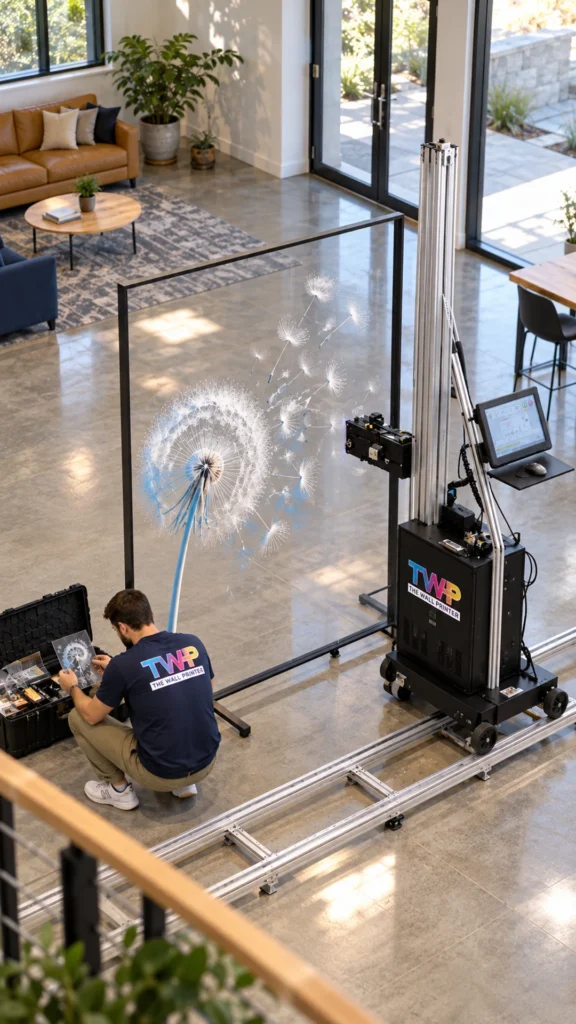 Rendering: Dandelion printed on a freestanding glass panel in an office lobby