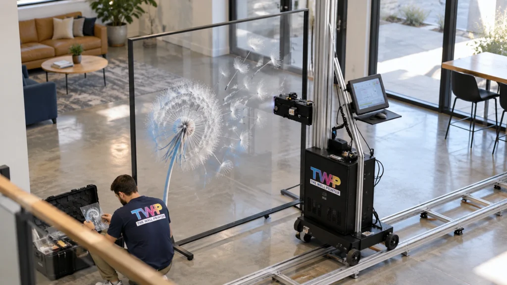 Rendering: Dandelion printed on a freestanding glass panel in an office lobby
