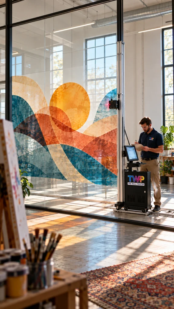 Rendering: Abstract sunset printed on a glass partition in an art studio