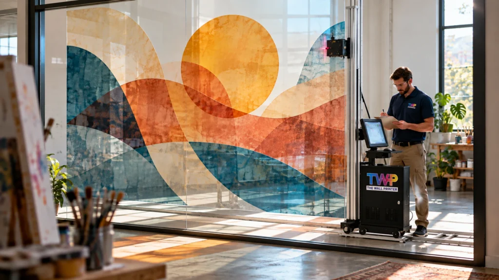 Rendering: Abstract sunset printed on a glass partition in an art studio