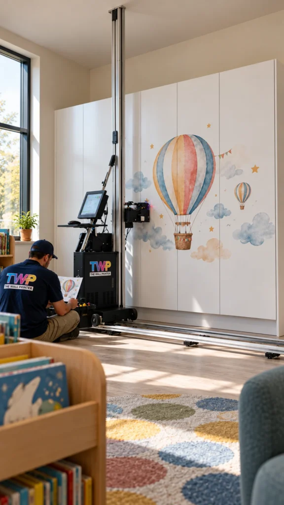 Rendering: Hot air balloon printed on white cabinet doors in a children's library