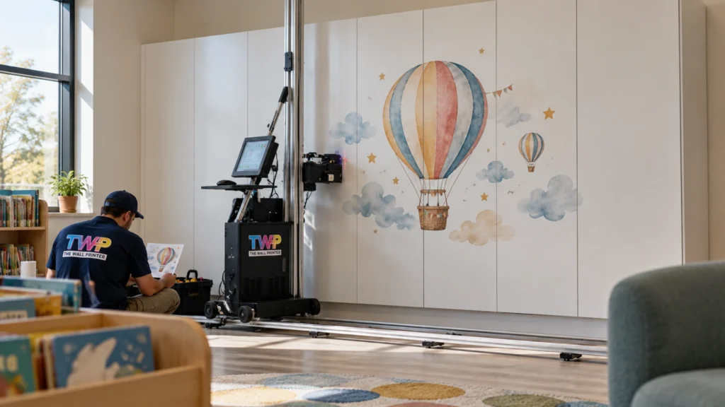 Rendering: Hot air balloon printed on white cabinet doors in a children's library