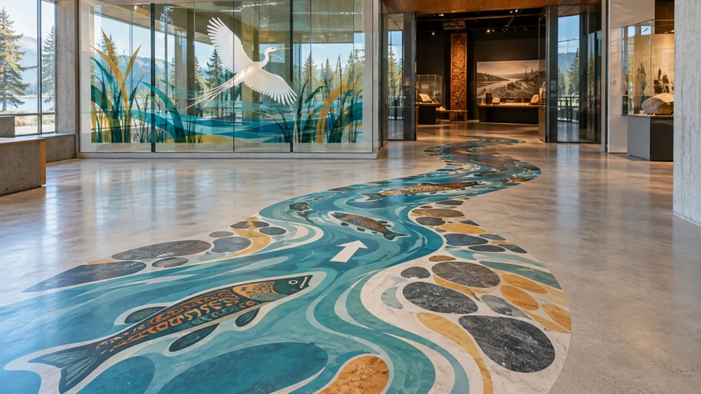 Rendering: a river path with salmon printed on a museum concrete floor, and a heron printed on the lobby glass