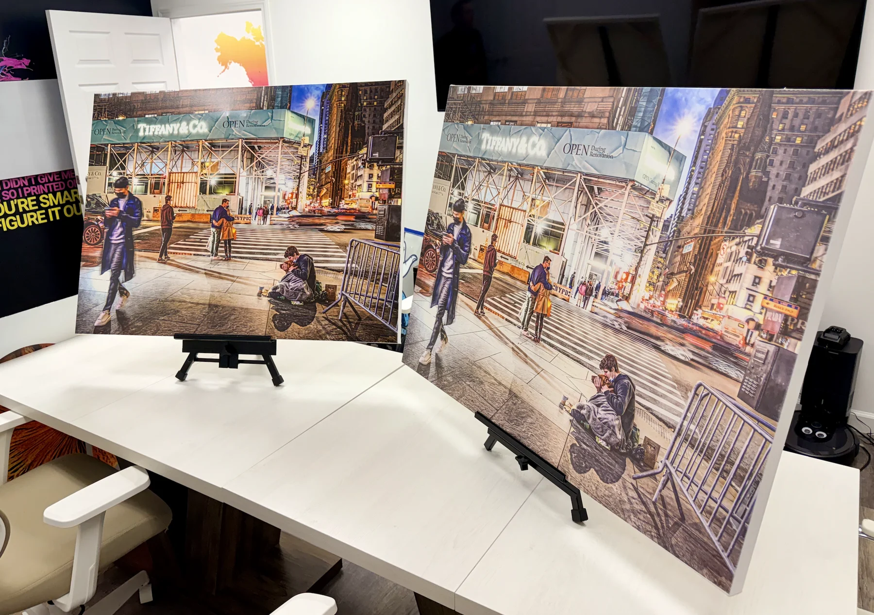 Two printed panels of a New York street photo on easels at The Wall Printer in Wilmington, NC
