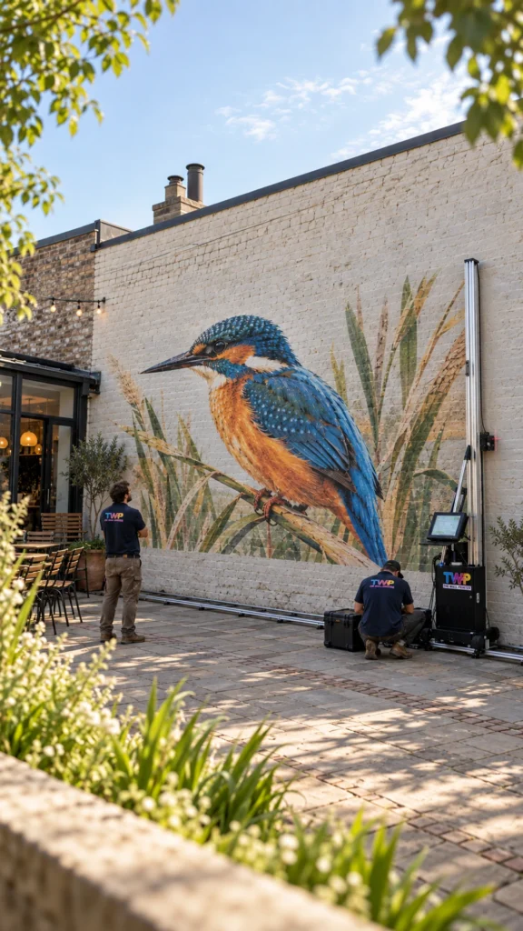 Rendering: Kingfisher mural printed on a painted brick patio wall at a restaurant