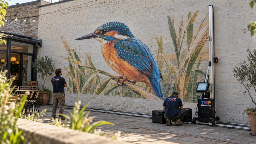 Rendering: Kingfisher mural printed on a painted brick patio wall at a restaurant