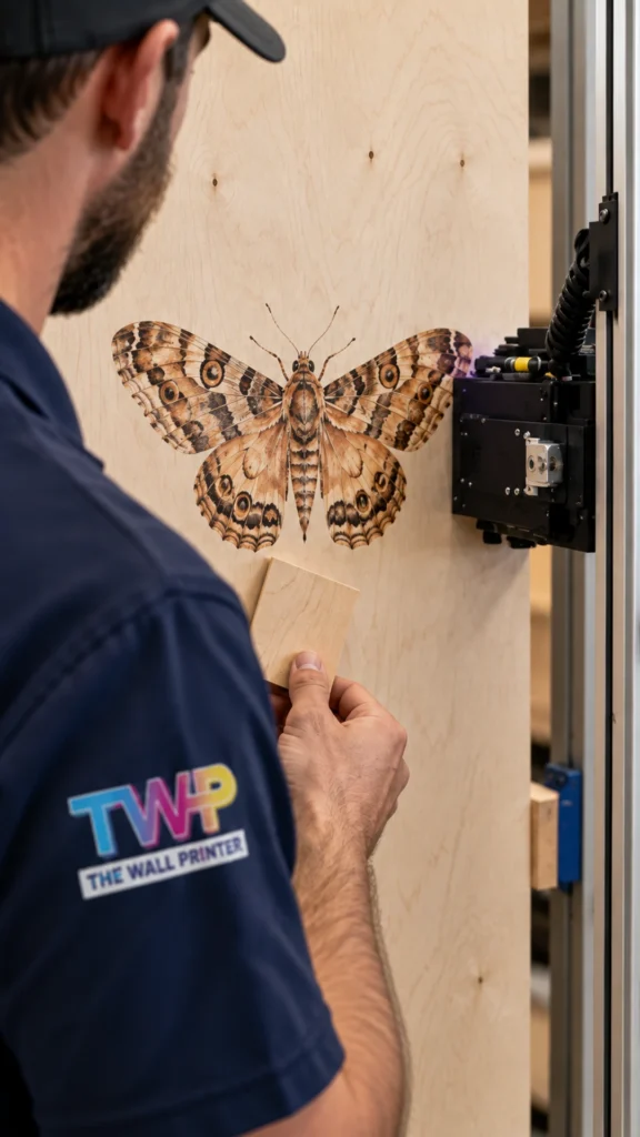 Rendering: Moth illustration printed on a plywood panel in a shop