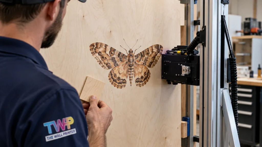 Rendering: Moth illustration printed on a plywood panel in a shop