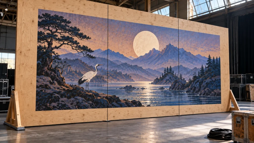 Rendering: a crane and mountain lake scene printed on large plywood panels for an event set