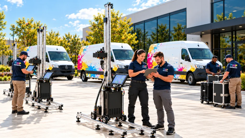 Rendering: service crews with three wall printers and wrapped vans outside a shop