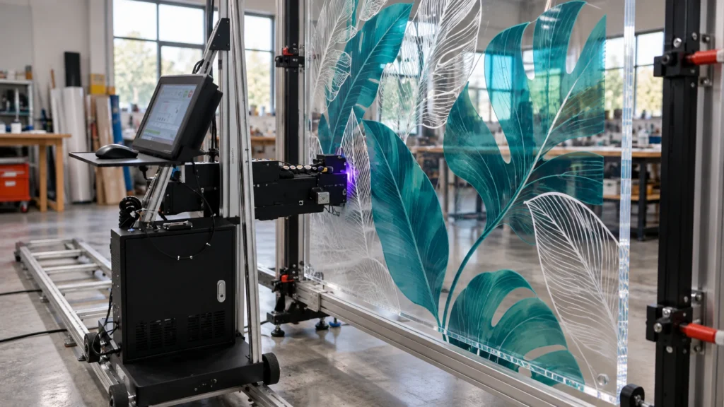 Rendering: a wall printer printing teal leaves onto a clear acrylic panel