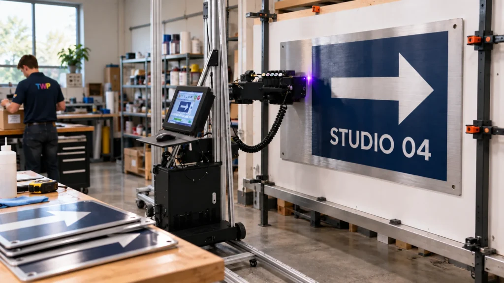 Rendering: a wall printer printing a blue wayfinding sign onto a brushed aluminum panel in a shop