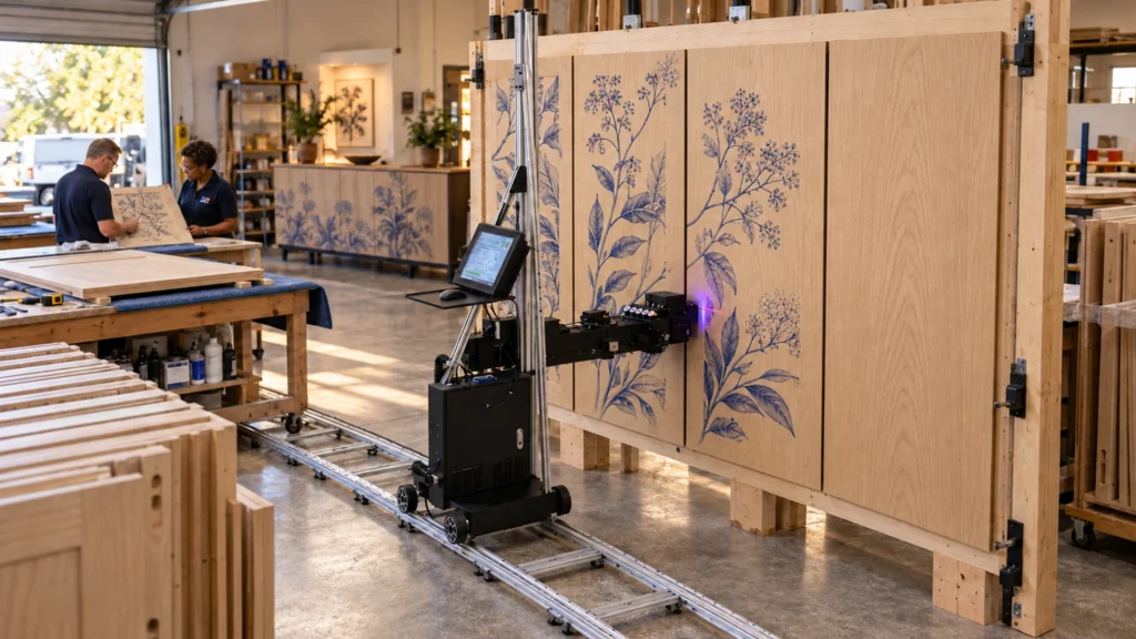 Rendering: a wall printer printing botanical art across wood cabinet doors