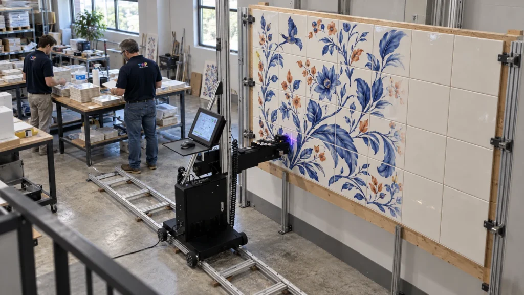 Rendering: a wall printer printing a blue floral mural across a panel of white ceramic tiles in a shop
