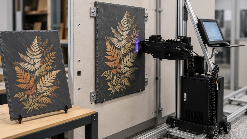 Rendering: a wall printer printing a fern onto a slate panel