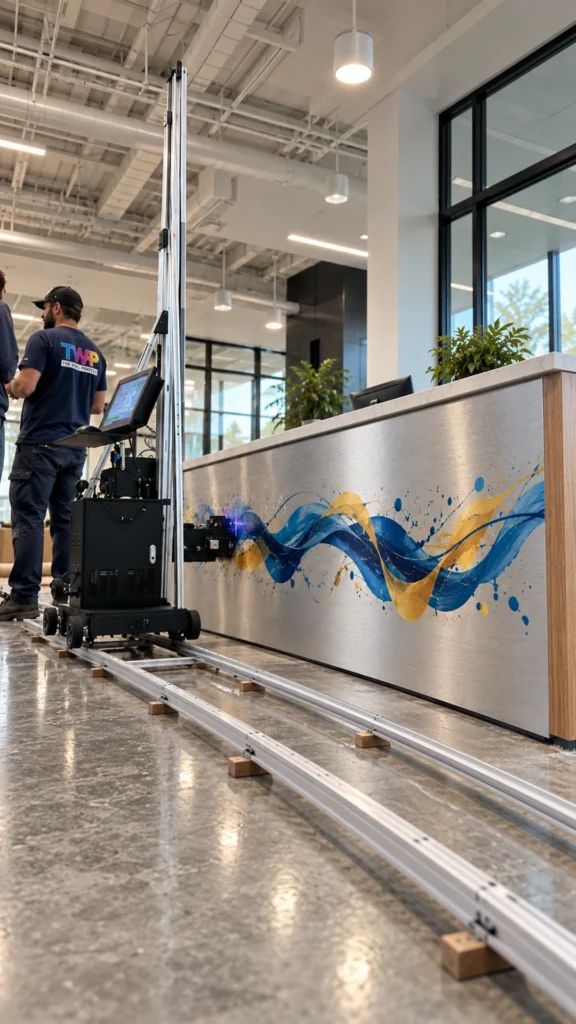 Rendering: Blue and gold ribbons printed on a brushed steel reception desk