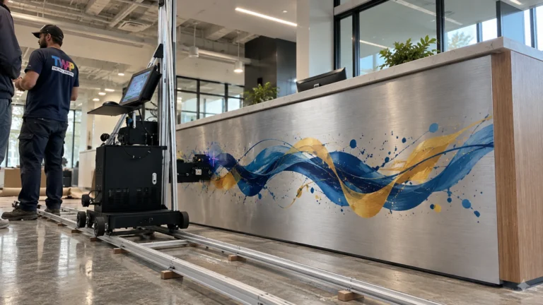 Rendering: Blue and gold ribbons printed on a brushed steel reception desk