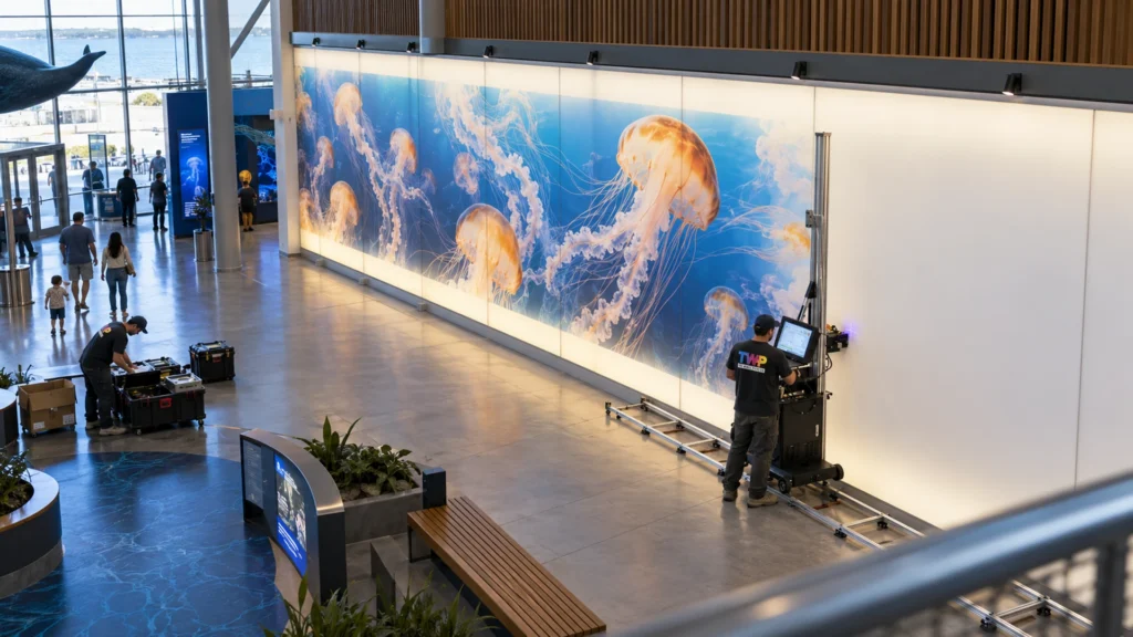 Rendering: Backlit lightbox panels in an aquarium lobby, jellyfish mural