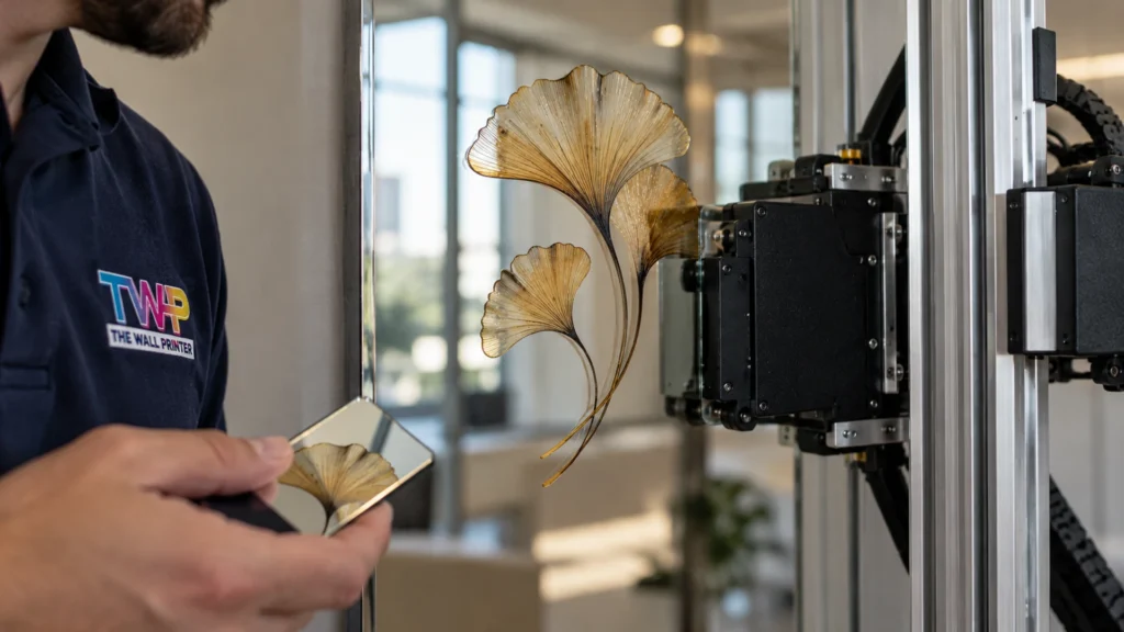 Rendering: Ginkgo leaves printed on an office glass partition