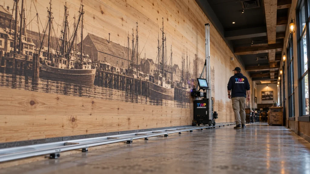 Rendering: Sepia harbor scene printed on pine plank wall in a restaurant