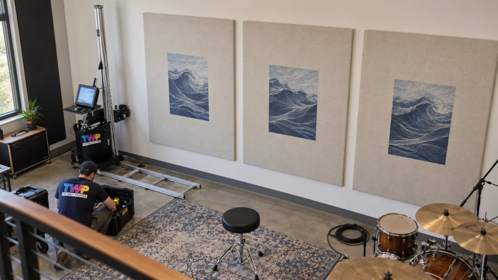 Rendering: Wave prints on fabric acoustic panels in a music studio