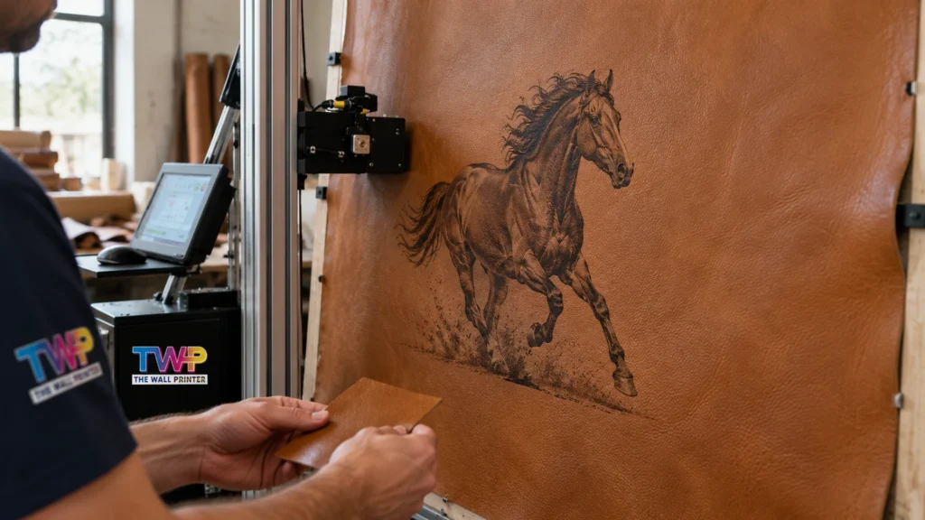Rendering: Running horse printed on a leather hide