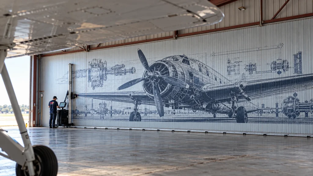 Rendering: Aircraft blueprint printed on corrugated metal hangar wall