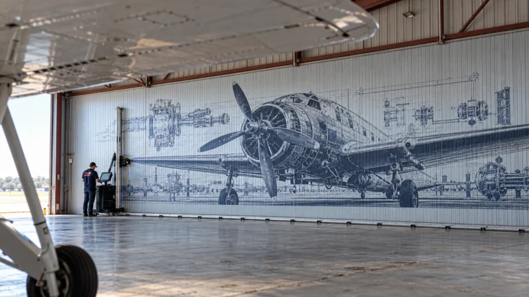Rendering: Aircraft blueprint printed on corrugated metal hangar wall