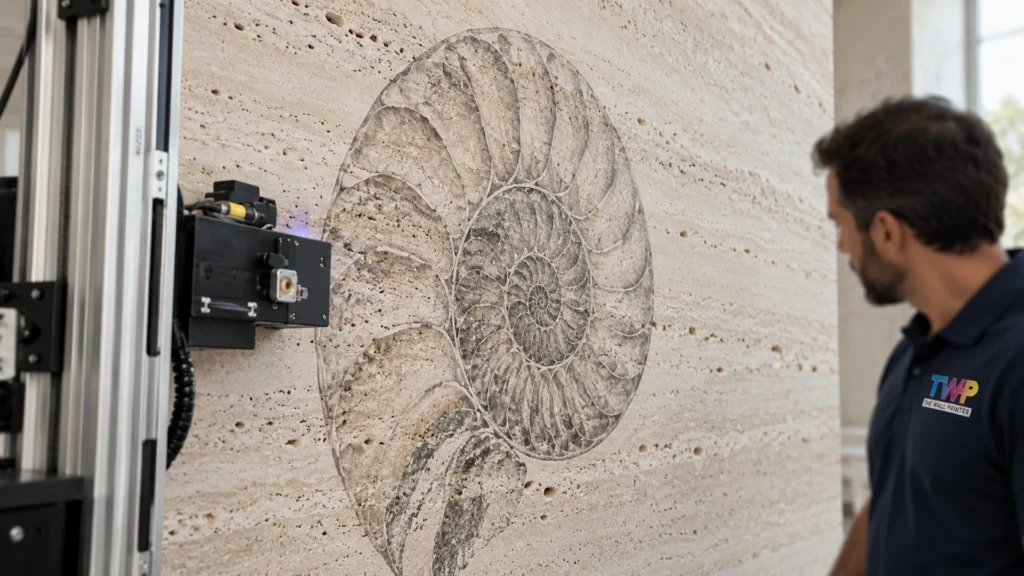 Rendering: Ammonite fossil printed on travertine stone wall